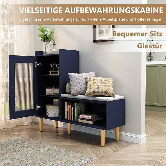 HLR Storage Bench with Glass Door&Shelf, Modern Entryway Shoe Cabinet Bench