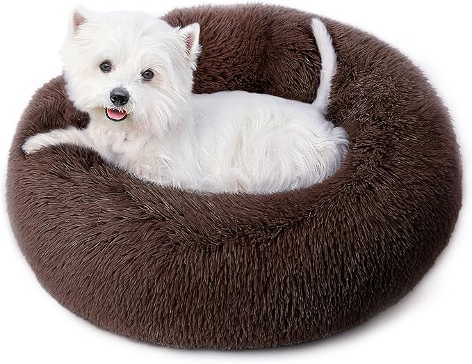 Calming Dog Bed & Cat Bed for Indoor Cats, Medium Size Washable Anti-Slip Anti-Anxiety Donut Dog Beds for Small Dogs & Cats, Fluffy Plush Cozy Round Dogs Beds(20 Inch, Dark Brown)