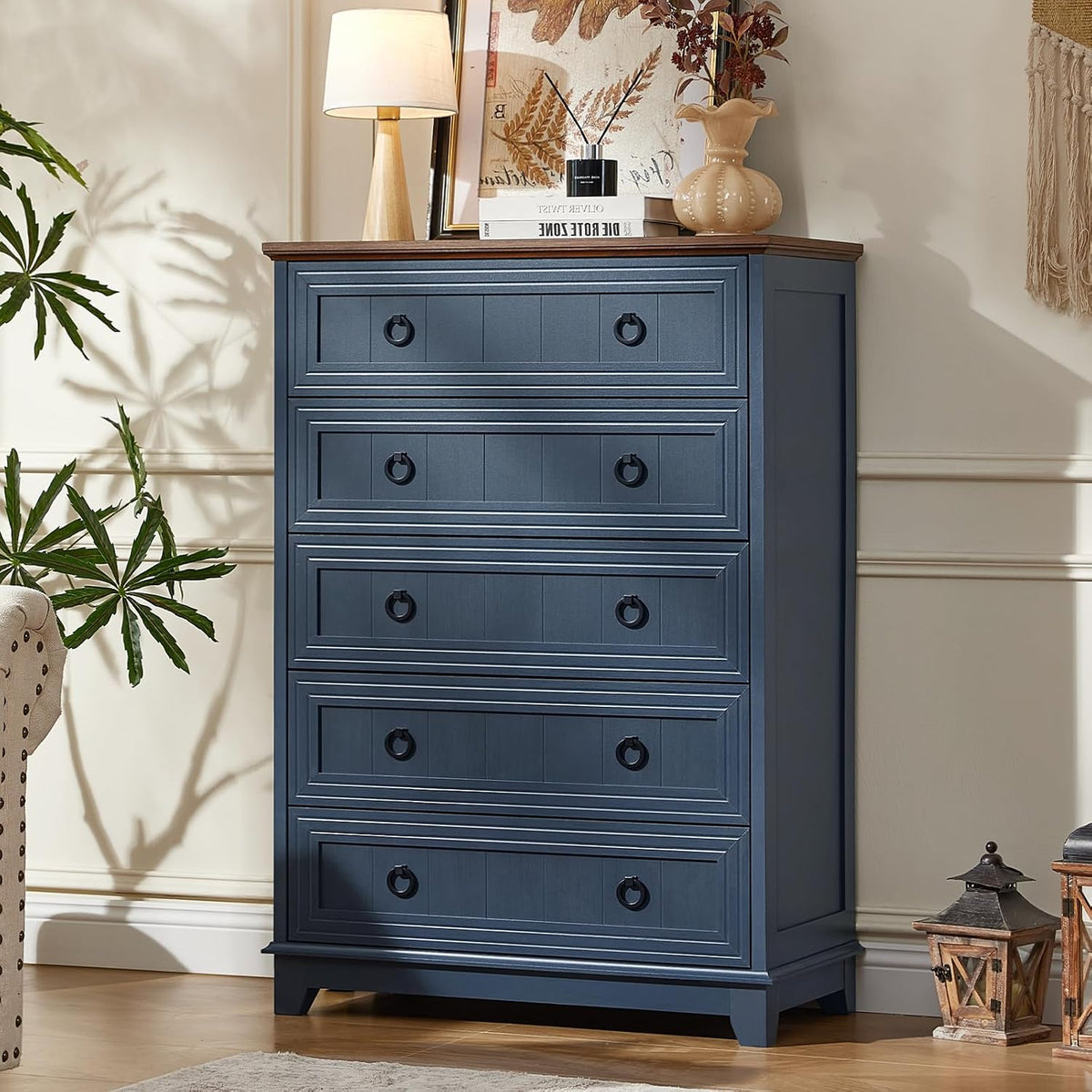 Joaxswe Farmhouse 5 Drawer Dresser for Bedroom, 42" Tall Small Dressers & Chest of Drawers, Rustic Wood Dresser with Metal Handle, Storage Organizer Closet for Living Room, Hallway, Entryway