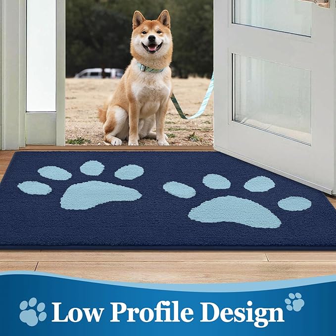 Buganda Dog Door Mat for Muddy Paws, Absorbent Dirt Trapper Washable Indoor Doormats, Non Slip Low-Profile Mud Mat for Dogs, Front Entrance Doormat for Inside Floor (47x24 Inches, Dark Blue)
