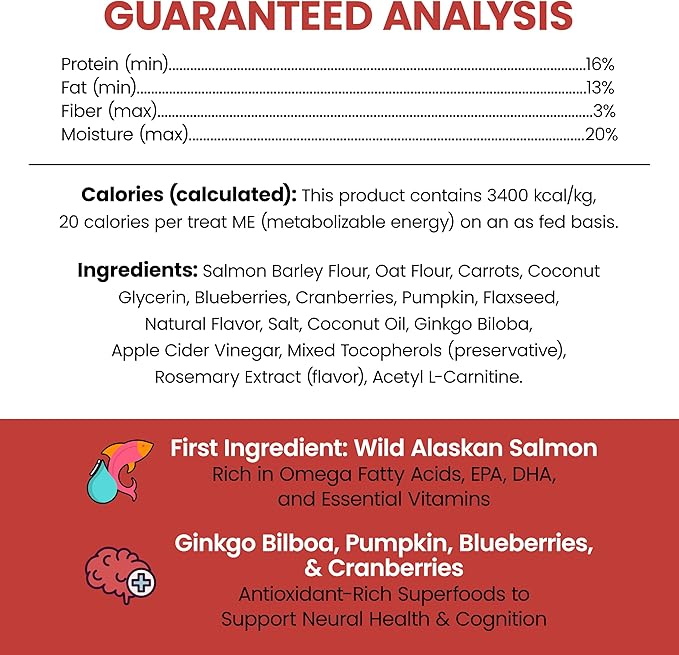 Chew + Heal Labs Dog Salmon Jerky Treats with Cognitive Support - 12 oz of Wild Caught Salmon Jerky Dog Treat - Made with Gingko Biloba, Blueberries, Cranberries, Pumpkin, and More - Made in The USA