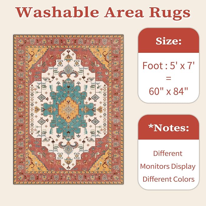 SERISSA Boho Area Rug 5x7 Orange, Washable Large Rugs