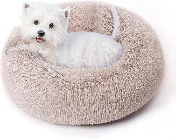 Calming Dog Bed & Cat Bed with Anti-Slip Bottom, Medium Size Washable Anti-Anxiety Donut Dog Beds for Small Dogs & Cats, Fluffy Plush Cozy Round Dogs Bed(24 Inch, Light Brown)