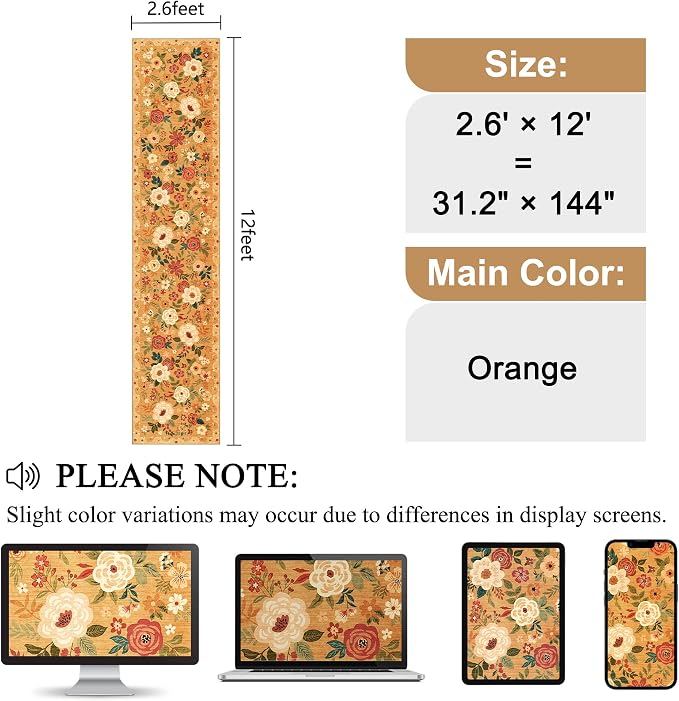 DUKINO 2.6x12 Kitchen Runner Rug, Lightweight Floral Washable Rug