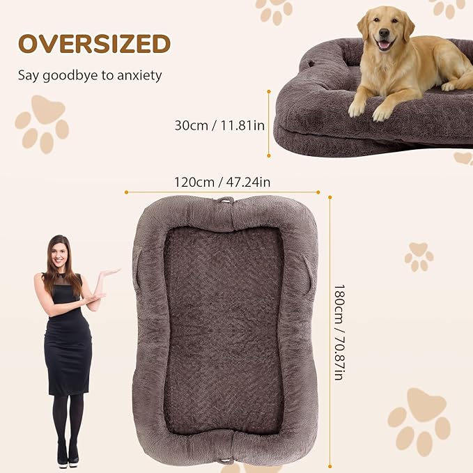 Human Dog Bed, 71 x 47 x 12 in Washable Extra Large Dog Bed for People, Giant DogBed with Storage Pockets, Brown