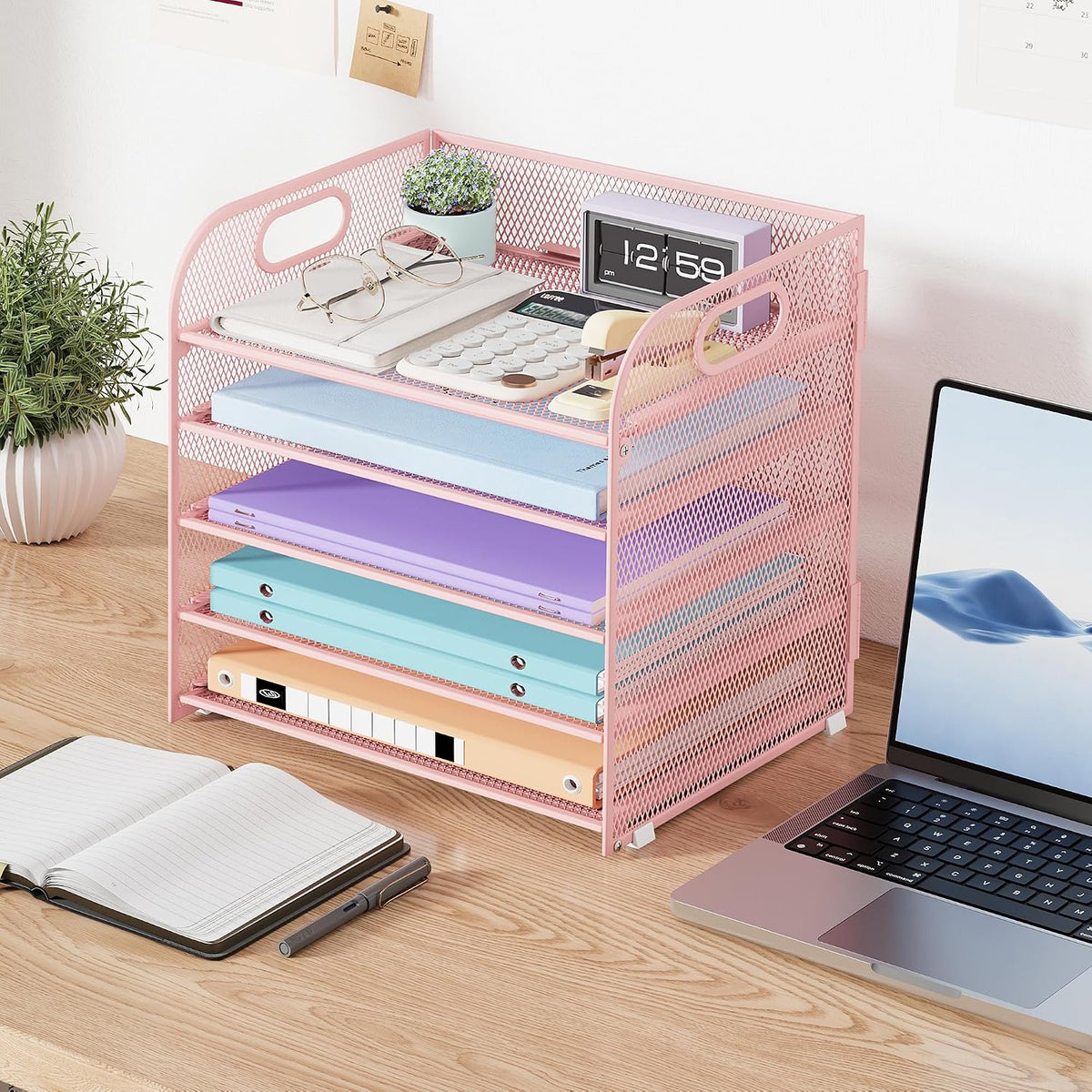 Cawukege 2 Pack 5 Tier Paper Organizer, Letter Tray with Handle, Mesh Desk Organizer, Metal File Organizer, Office Desk Accessories for Home, Office, Classroom, School (Pink, 2)