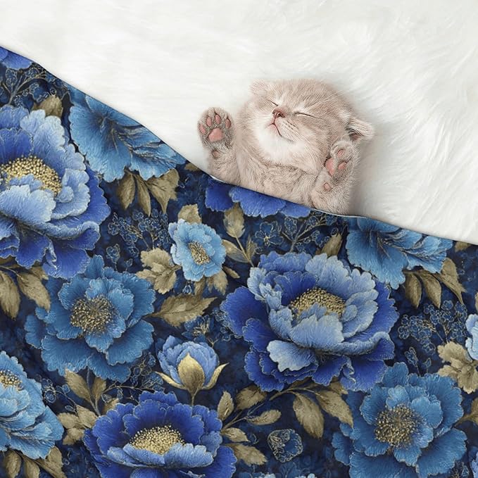Waterproof Dog Blanket Soft Pet Blanket for Puppy Cat, Fleece Cat Throw Blankets for Furniture Bed Couch Sofa Reversible - Vintage Blue Floral 1