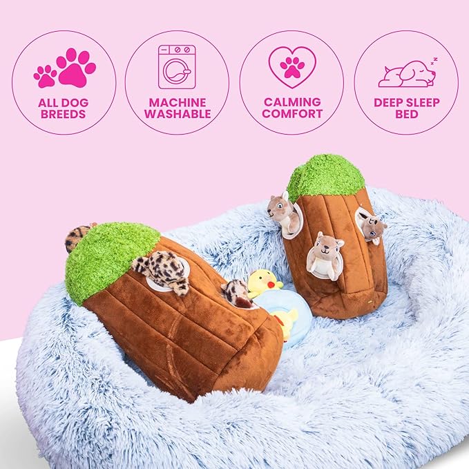 Glow Pups Calming Dog Bed with Memory Foam Nesting Bolster, Ultra-Soft Faux Fur, Removable Fur Cover, Non-Slip Base, Machine Washable, Suitable for All Dog Breeds, Light Grey (29.5" X 21.7" X 7")