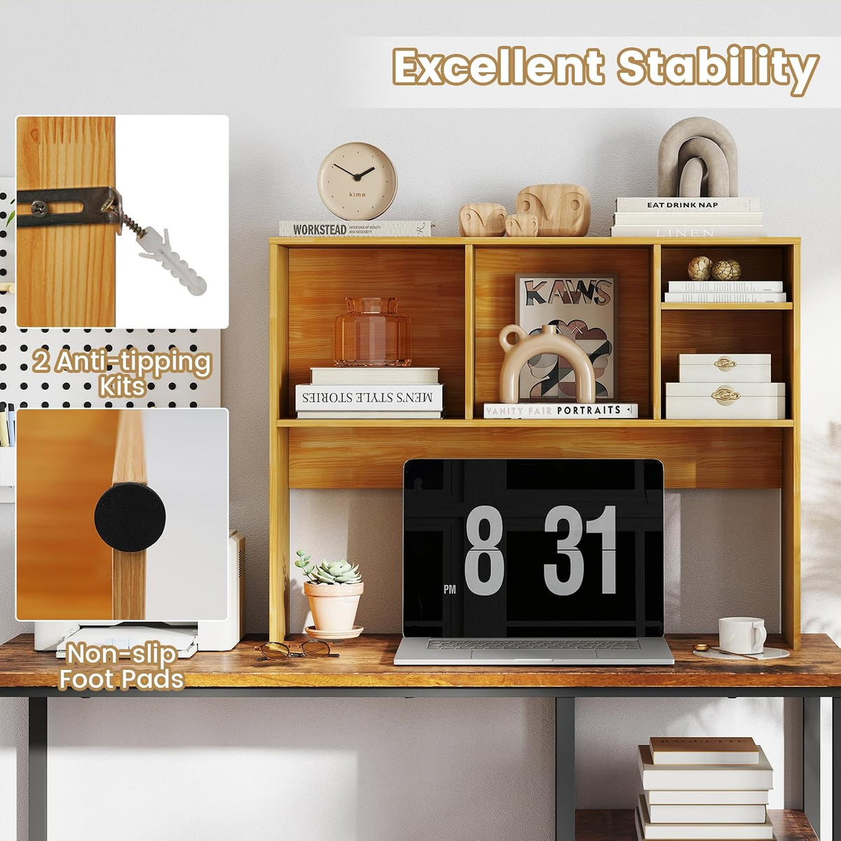 GIANTEX Desktop Bookshelf, Countertop Storage Hutch with 4 Shelves for Computer Desk, Dressing Tabletop Display Rack, Multipurpose Desk Hutch Storage Organizer for Home Office Dorm (Burlywood)