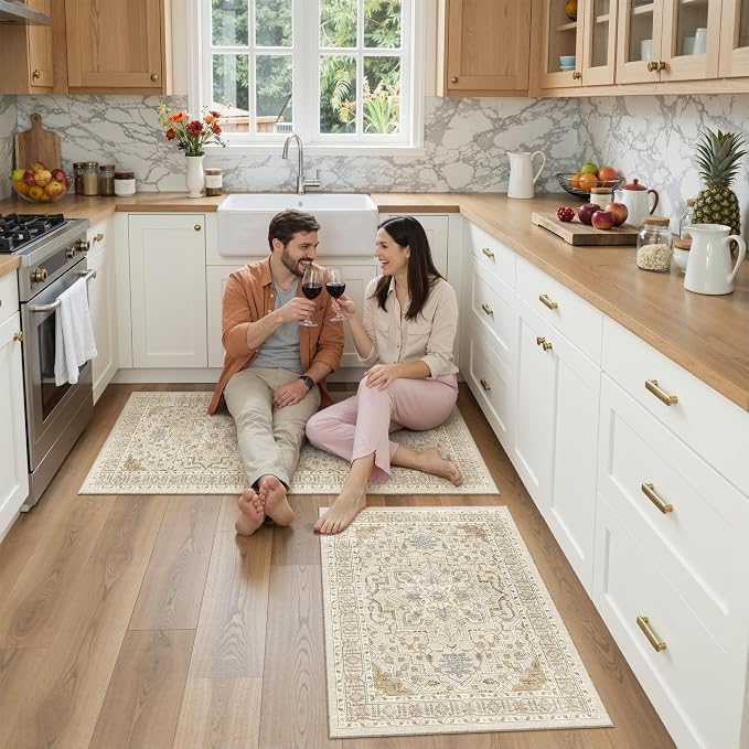 Madane 2-Piece Kitchen Runner Rug Set, Small Area Rug Non-Slip Vintage Door Mat