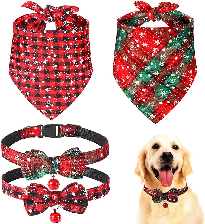 4 Pieces Christmas Dog Bandanas and Collars Set Xmas Christmas Classic Plaid Dog Neck Tie Triangle Bib Scarf Kerchief Adjustable PET Bow Tie with Safety Bell Costume for Cat(L,Stylish Style)