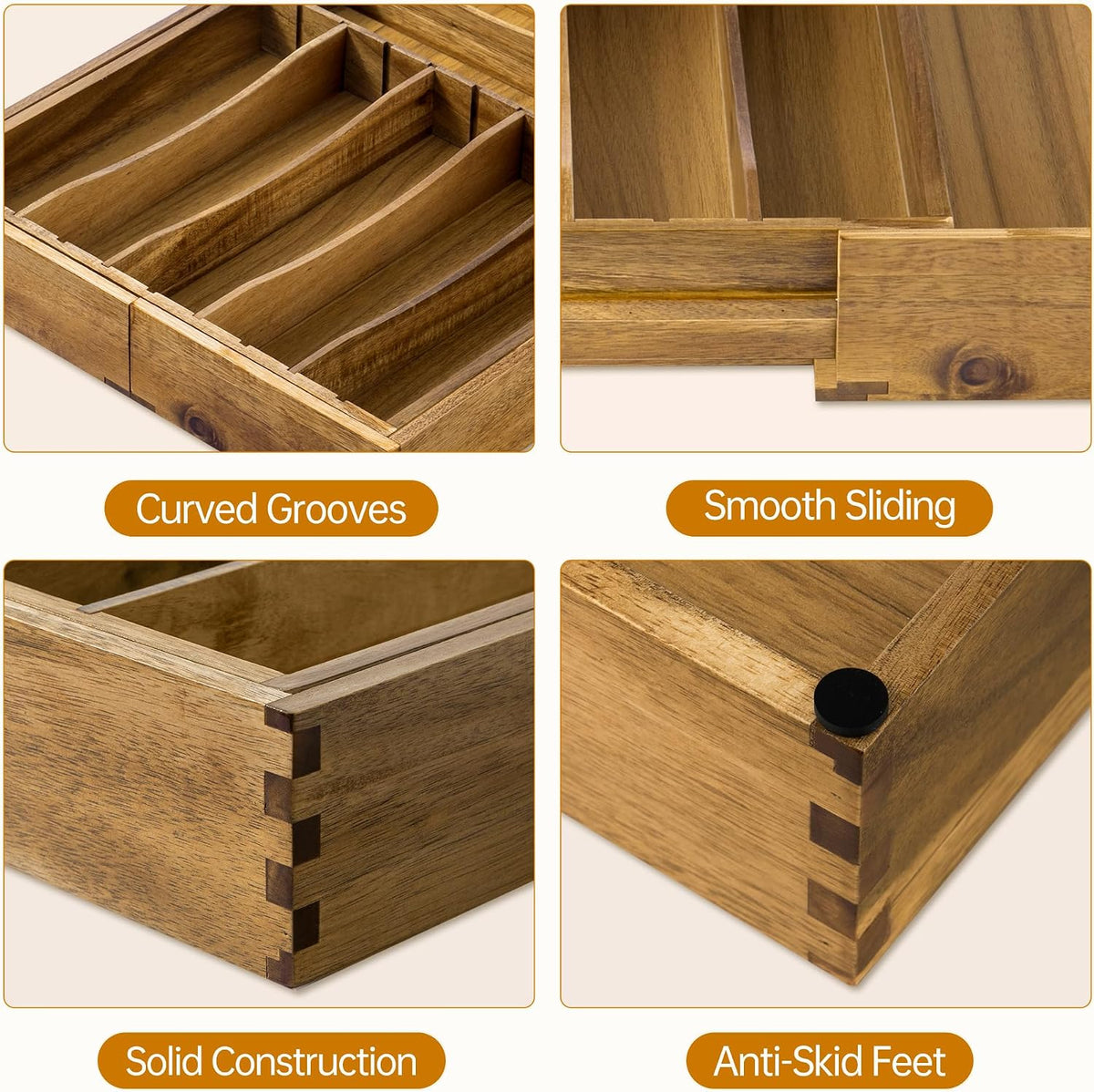 Acacia Expandable Silverware Drawer Organizer, Removable Knife Block