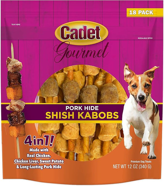 Cadet Gourmet Shish Kabob Dog Treats for Small Dogs, Healthy Natural Chicken, Duck, & Sweet Potato Chews, Pork Hide, 5-Inch Sticks, 18 Count
