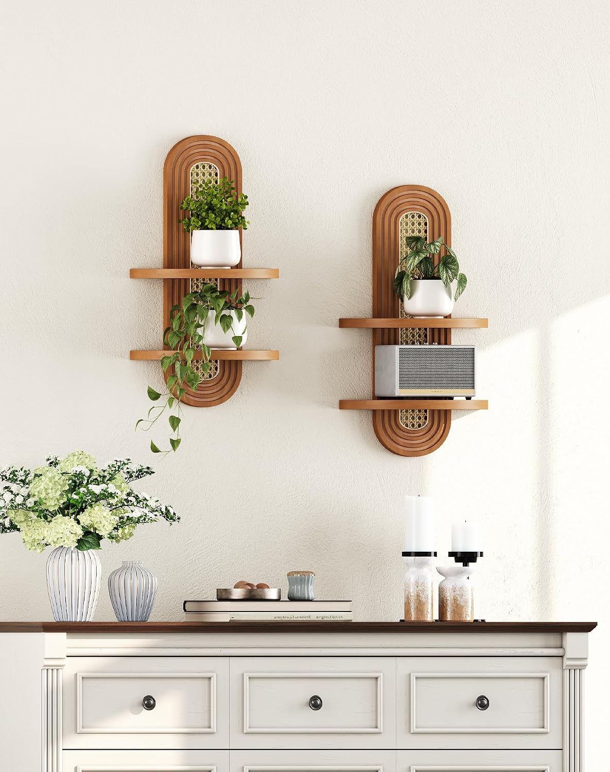 Floating Shelves for Wall,Boho Home Wall Decor,2-Tier Rattan Plant Shelf,Mid Century Hanging Small Decorative Shelf,Natural Wood Shelves for Living Room,Bedroom,House,Office,2-Pack (Walnut)