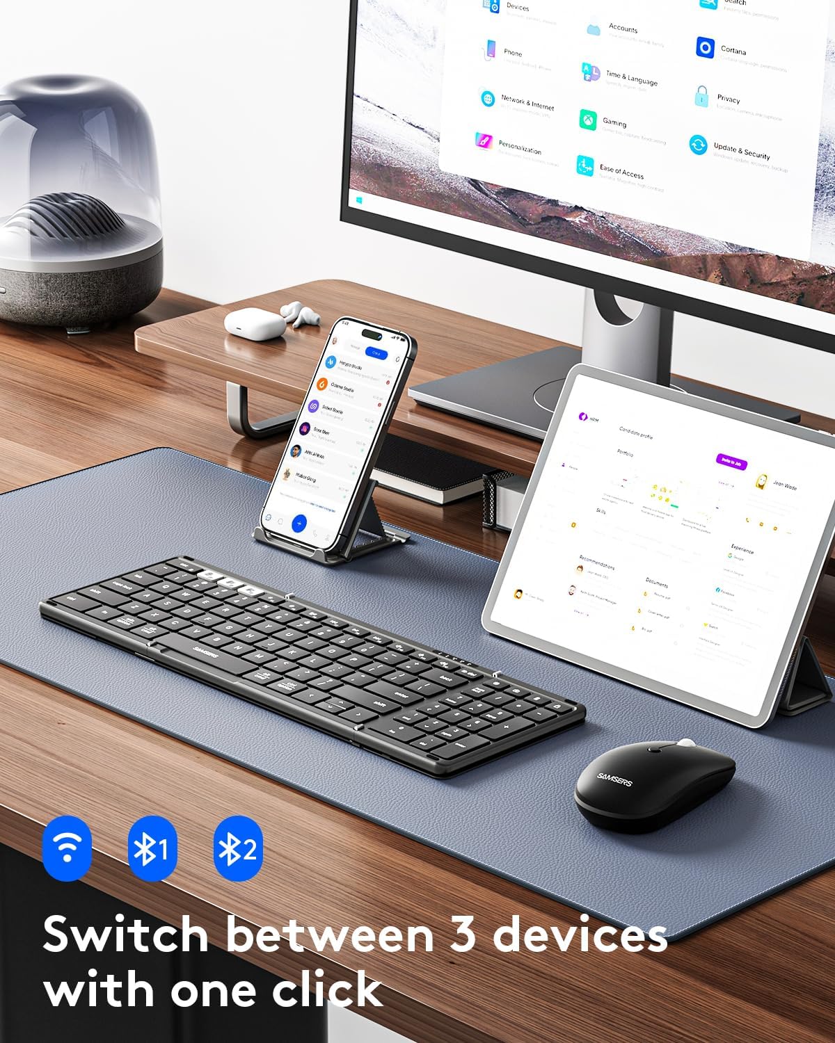 Foldable Keyboard and Mouse, Samsers Folding Bluetooth Keyboard Combo, 2.4G + BT5.0 x 2, Full-Size Portable Travel Keyboard & Rechargeable Wireless Mouse for Windows Android iOS Mac OS, Classic Black