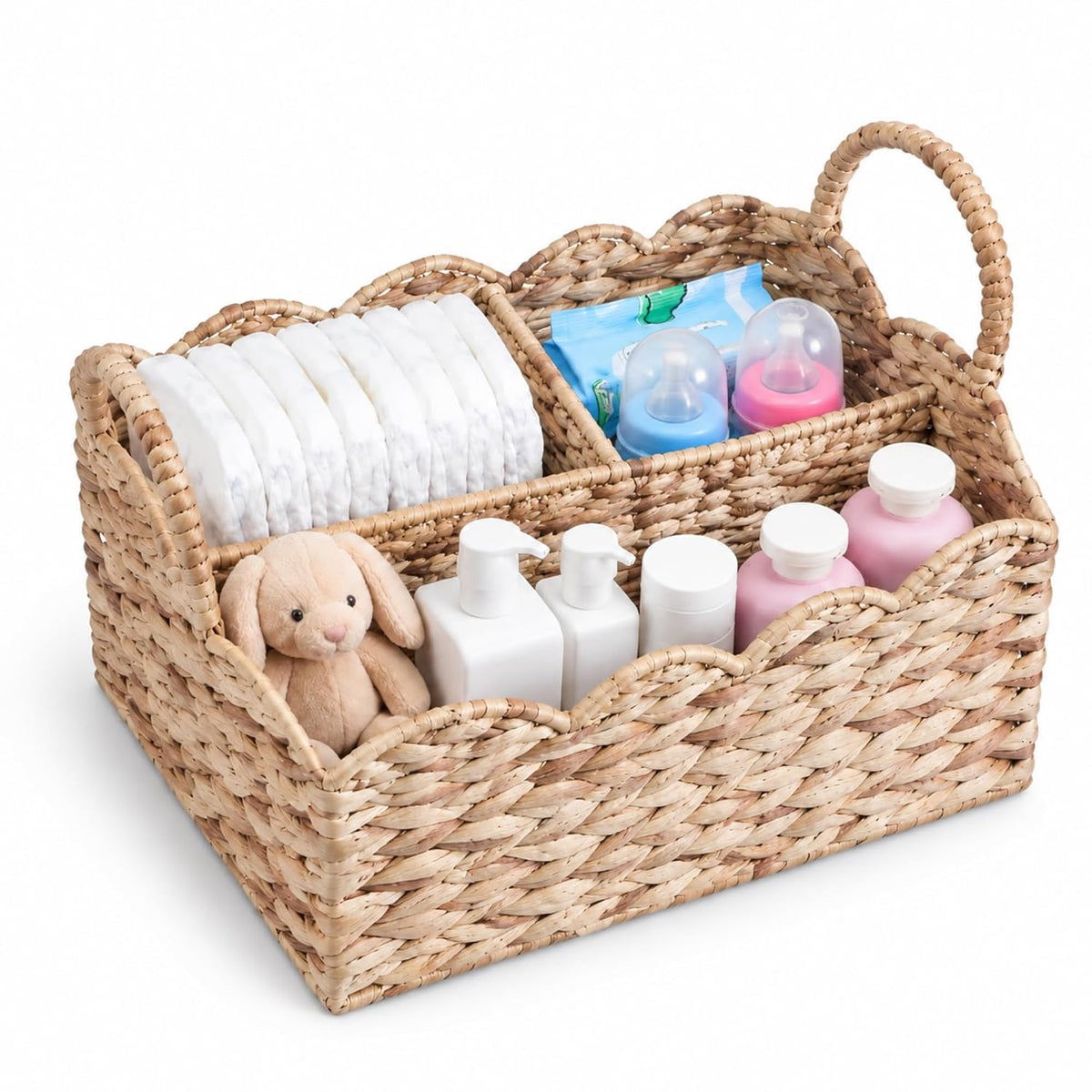 Chunful Wicker Diaper Caddy Scalloped Basket Diaper Caddy with Dividers
