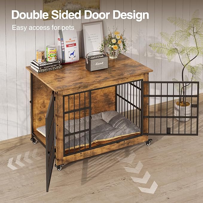 38.5" Dog Crate Furniture with Cushion and Wheels, Wooden Dog Kennel Indoor for Medium/Large Dogs, Farmhouse Pet Cage for Anxiety Dog, Rustic Brown (38.5" L x 25.5" W x 29" H)