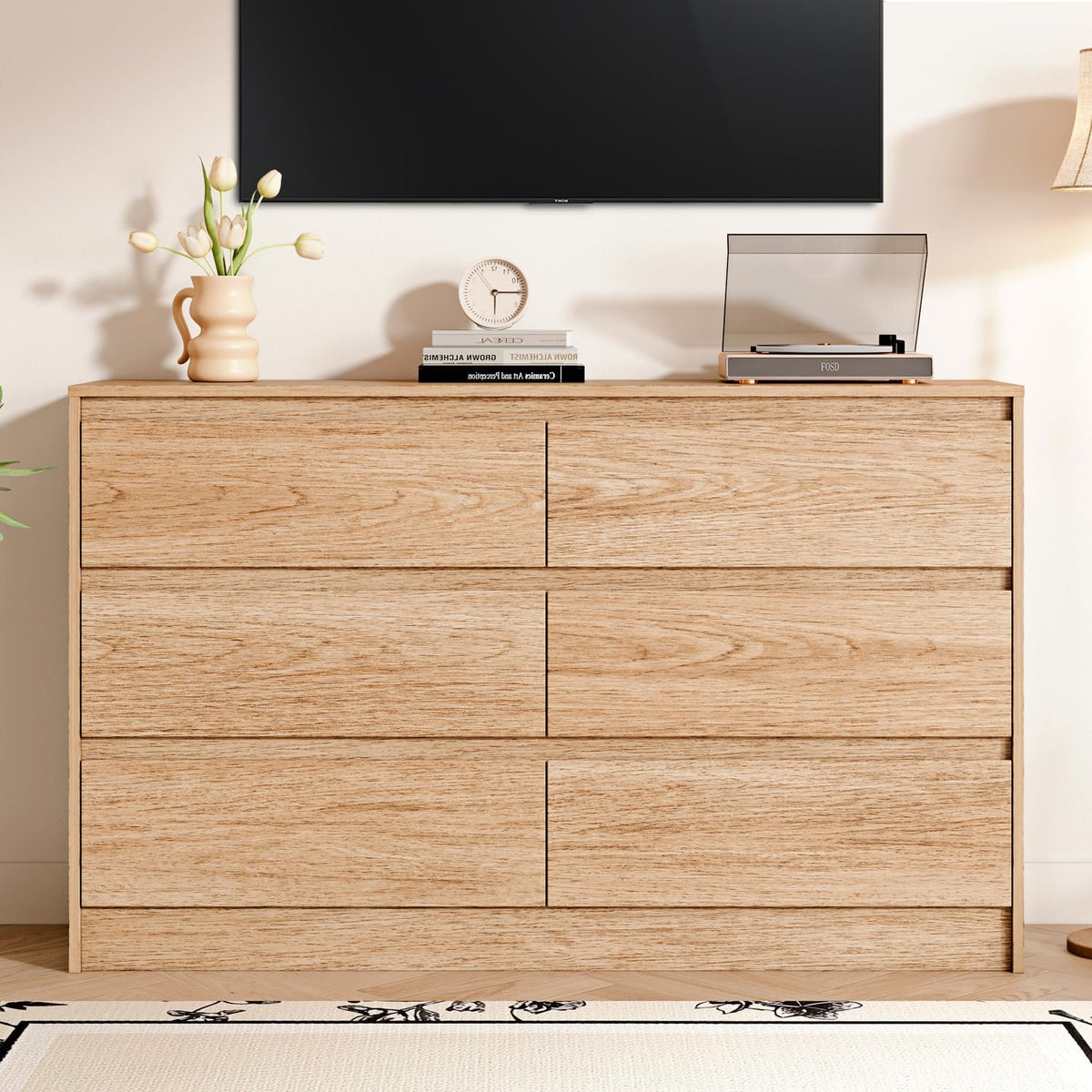 Chrangmay 6 Drawer Dresser,47.24" Wide Mid Century Chest of Drawers,Wooden Bedroom Drawer Dresser with 6 Storage Drawers for Bedroom,Living Room,with Anti-Tipping Device, Wheat