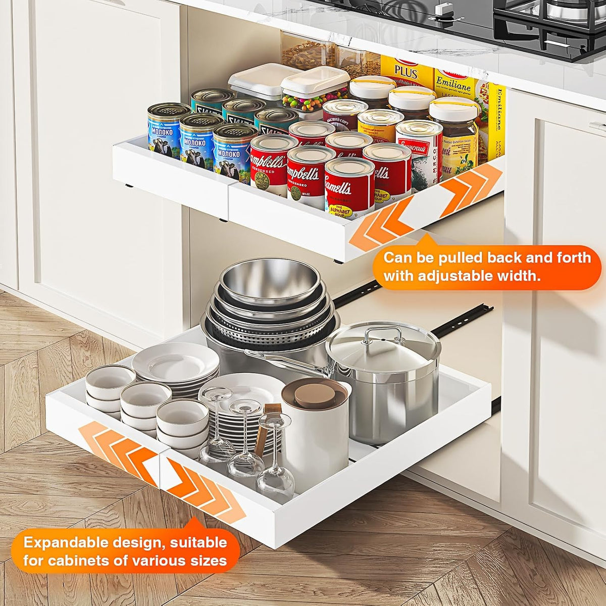2 Pack Expandable Pull Out Cabinet Organizer,16.54" Deep,White