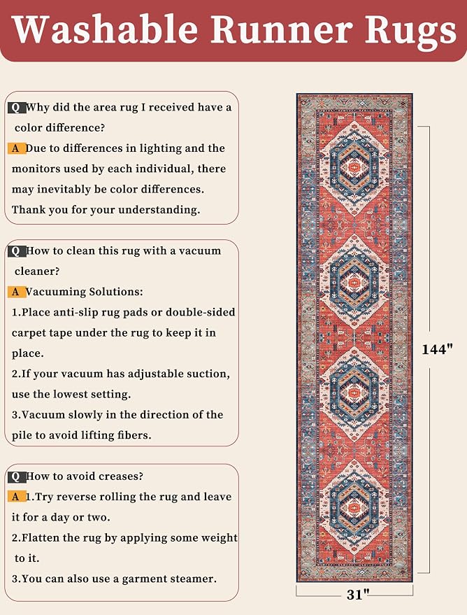 SERISSA Runner Rug for Hallways, Extra Long Boho Rug Ultra Soft Vintage Rust