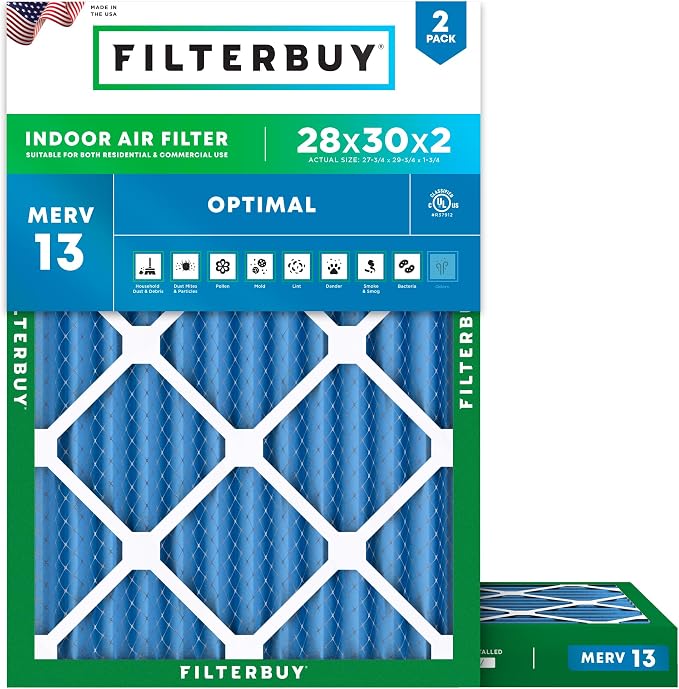 Filterbuy 28x30x2 Air Filter MERV 13 Optimal Smoke & Allergy Defense,