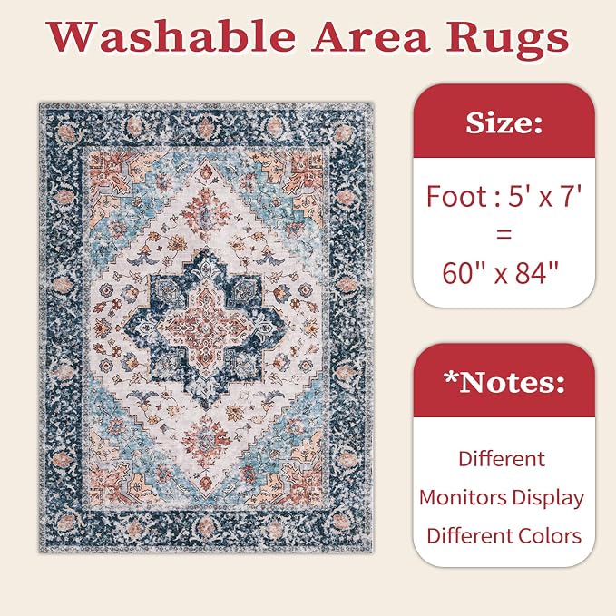 SERISSA 5x7 Boho Area Rug, Washable Large Rugs