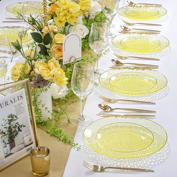 Rubtlamp 60Pcs Yellow Gold Plastic Plates, Hammered Plastic Plates Include 30
