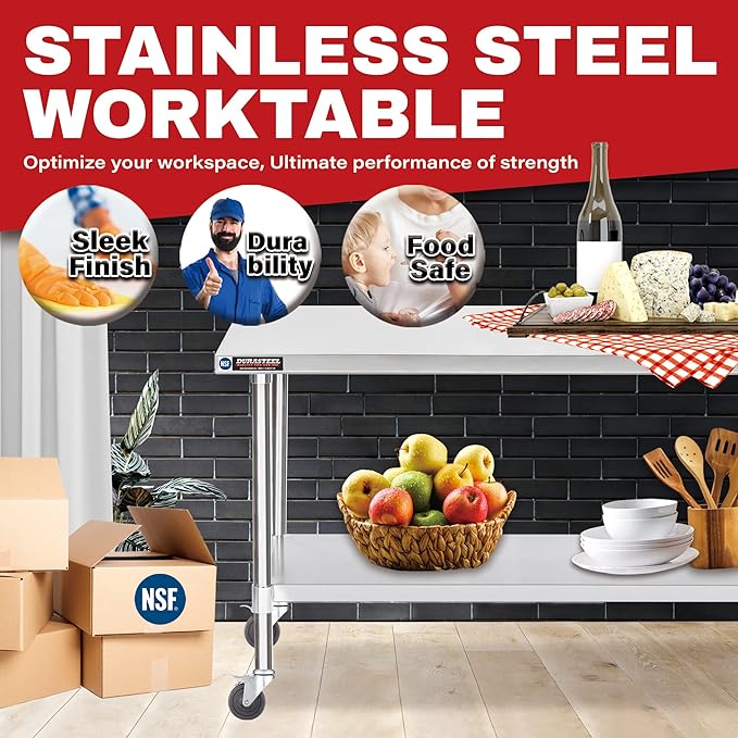 DuraSteel 30x48 NSF Stainless Steel Cart - Heavy Duty Food Prep Table with Undershelf - Rolling Kitchen Island on Wheels for Commercial Restaurant Kitchen, Garage, Outdoor Cooking, BBQ Grill, Counter