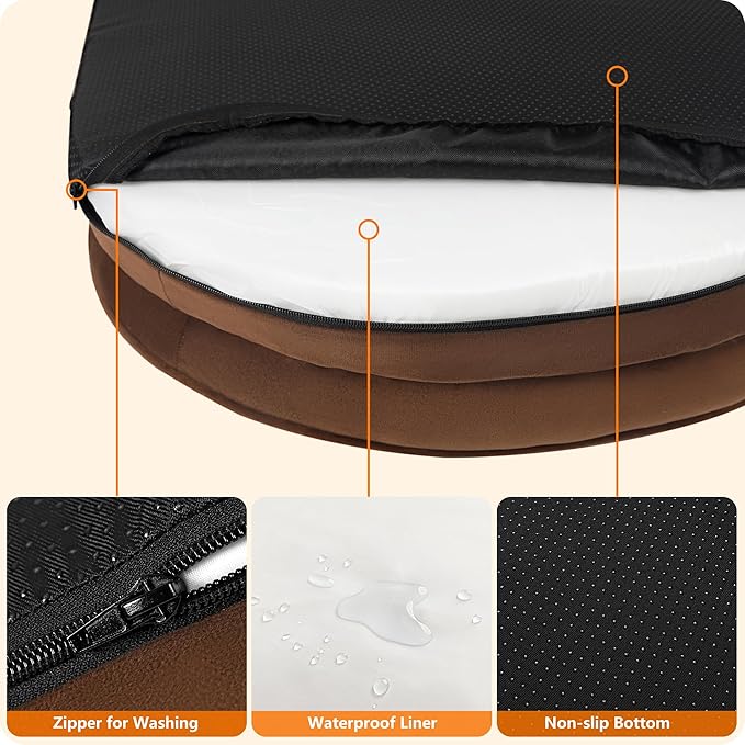 Dwanton Orthopedic Dog Bed for Medium Dogs with Gel Memory Foam, Waterproof Dog Sofa, Washable Pet Bed with Four Sided Bolster Cushion, Removable Cover & Non-Slip Bottom, 35", Brown