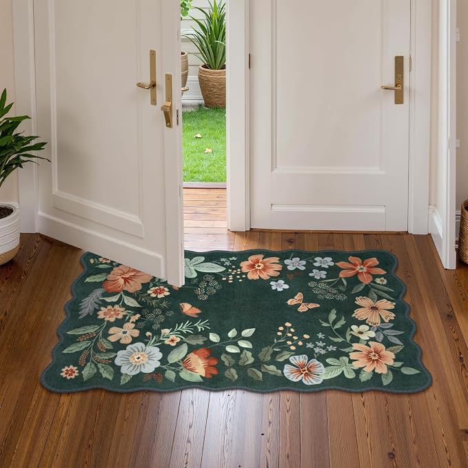 Lahome Floral Green Rugs for Entryway, 2X3 Washable Kitchen Rugs Non Slip Soft