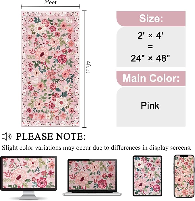 DUKINO 2x4 Rug for Entryway, Washable Kitchen Floral Runner Rug