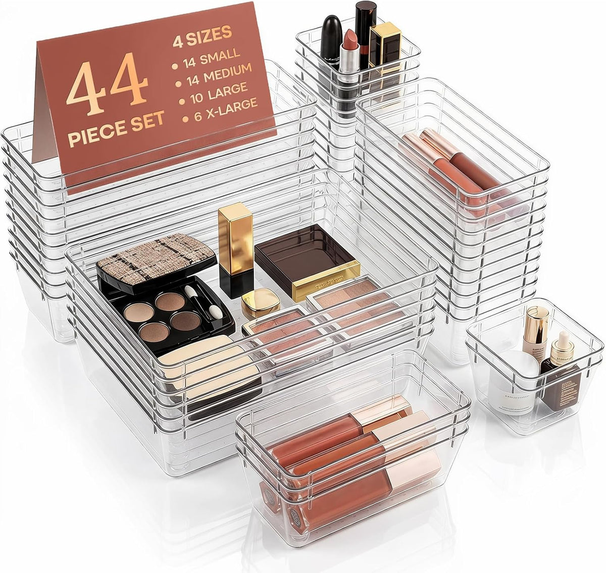 44 Pcs Makeup Drawer Organizer Set, 4 Sizes Versatile Vanity Drawer Organizer for Makeup, Non-Slip Desk Organizer Trays for Bathroom, Bedroom, Office, Fits Jewelry and Office Supplies