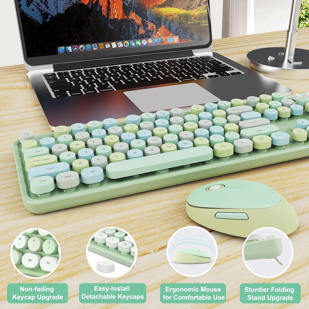 Wireless Keyboard and Mouse Combo, Ergonomic Full Size Typewriter Retro Round Keycaps Keyboard, Compatible with Windows, PC, Perfer for Home and Office Keyboards (Green