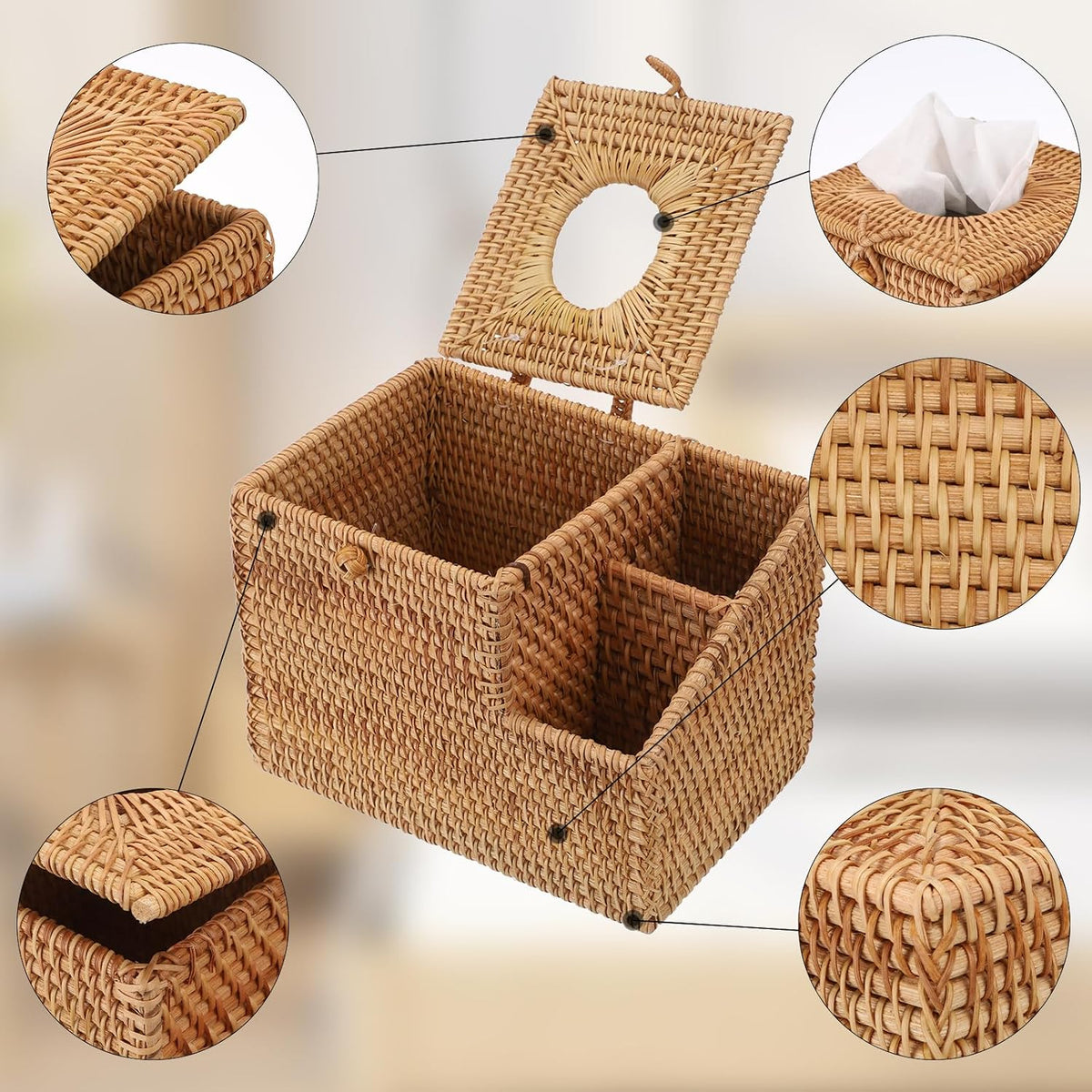 Sumnacon Tissue Box Square Tissue Box Cover with Storage Rattan Tissue Box Holder with 2 Side Organizer,Wicker Tissue Cover Cube Tissue Holder for Bathroom Living Room Table Desk Office