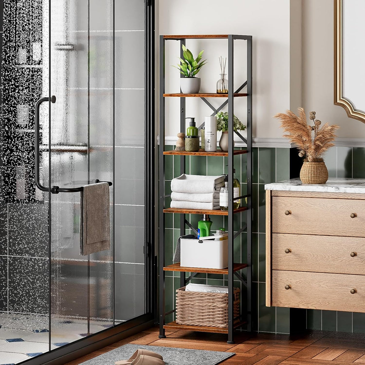 Furologee 6 Tier Bookshelf, Tall Narrow Bookcase, Rustic Brown