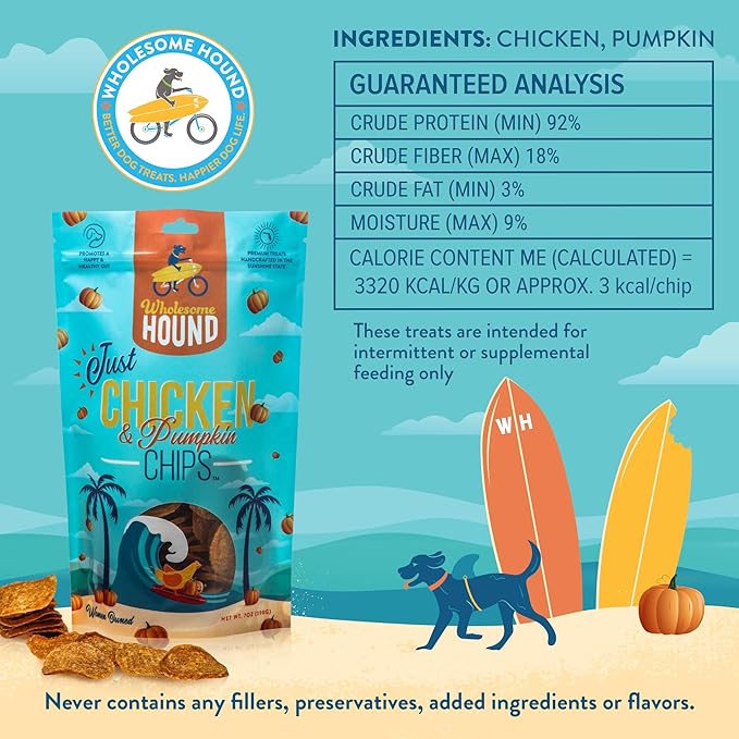 Chicken & Pumpkin Chips – 2 Simple Ingredient Dog Treats, All Natural & Healthy Training Snacks for Small, Medium & Large Breeds, Puppies – High Protein, 7oz