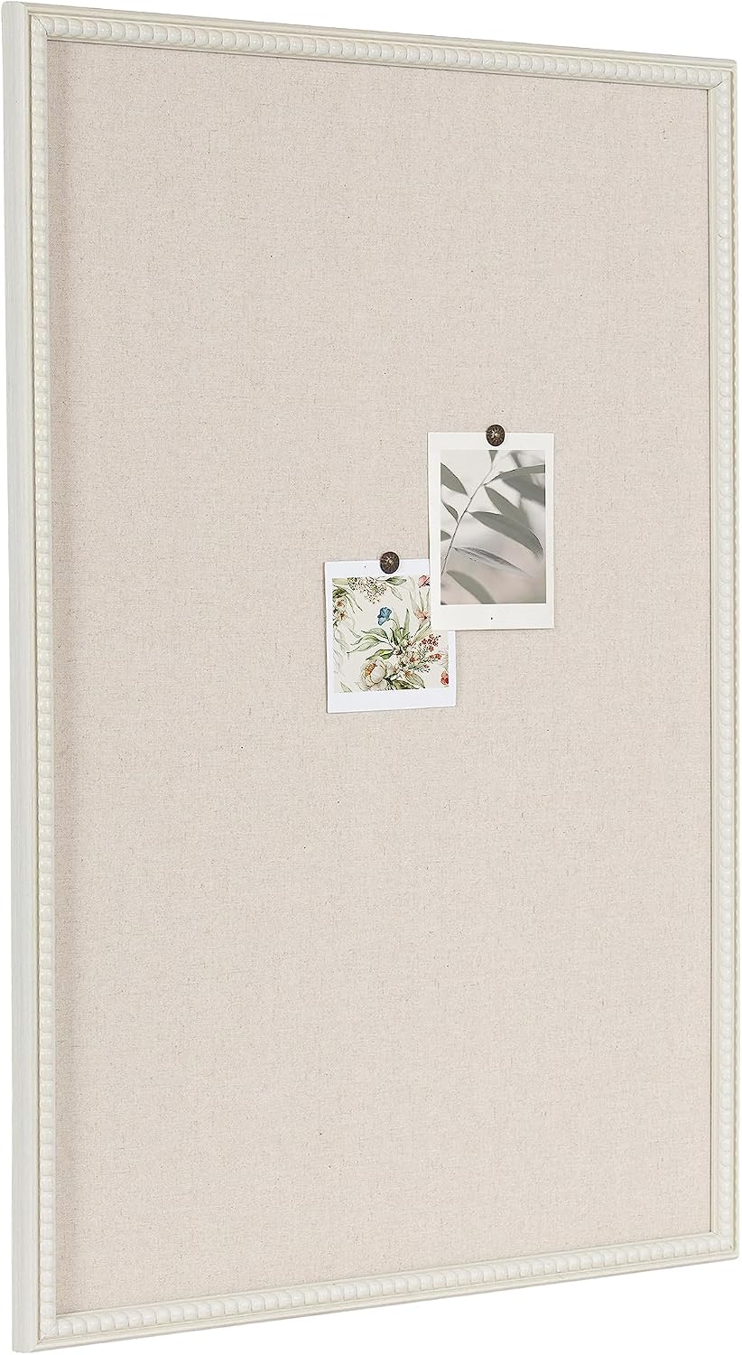 Kate and Laurel Makenna Rectangle Framed Linen Fabric Pinboard, 24 x 36, Soft White, Traditional Beaded Bulletin Board for Vintage Home Wall Organization or Aspirational Vision Board
