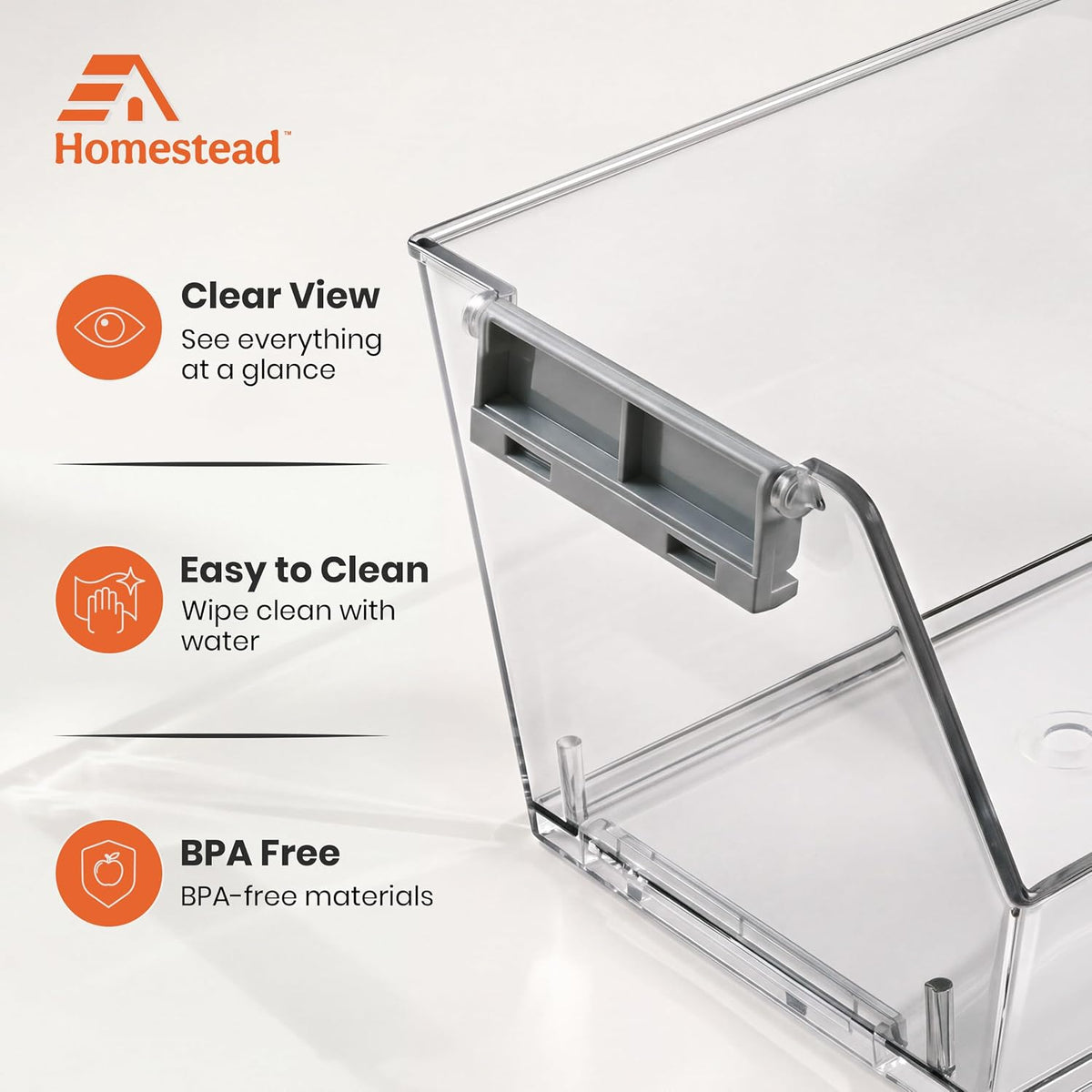 HOMESTEAD Set of 4 Stackable Storage Bins, 2 Large + 2 Small Clear Plastic Organizer Bins, Open Front Design for Kitchen Pantry, Fridge, Cabinet, Bathroom Organization and Snack Storage