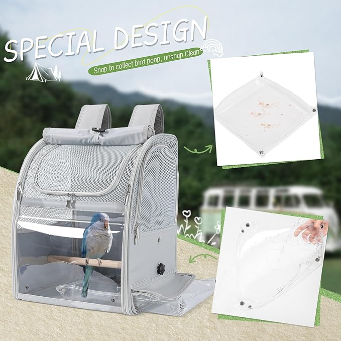 Sanmoncare Bird Carrier Backpack with 2 Adjustable Perches, Water-Repellent Parrot Travel Cage with Stainless Steel Tray, Breathable Pet Carrier for Cockatiels, Conures and Vet Visits