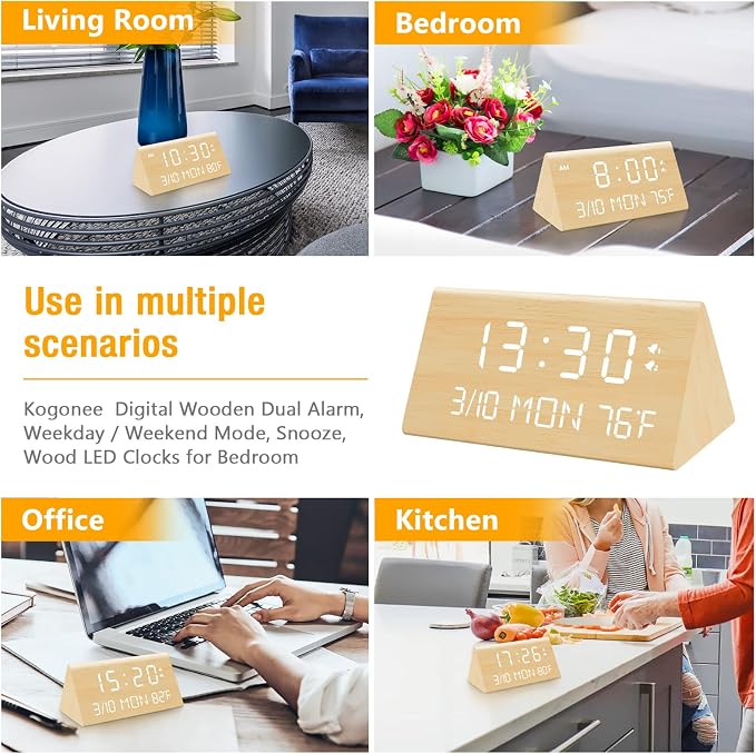 Kogonee Wooden Digital Alarm Clock, 0-100% Dimmer, 2 Alarm Settings,