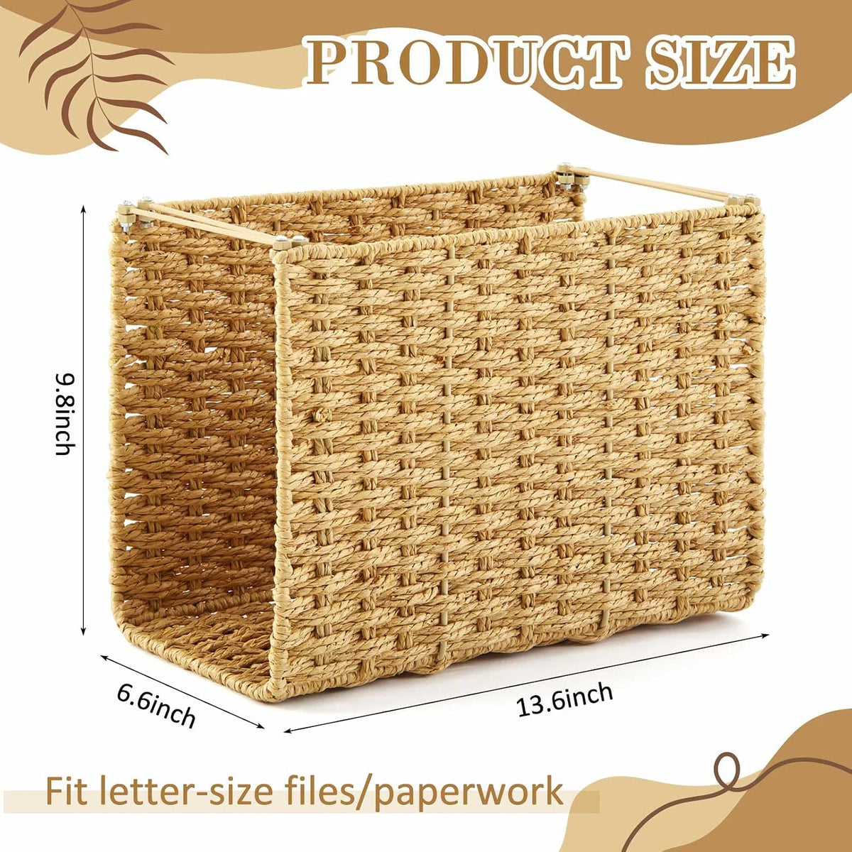 Paper Rope Hanging File Basket with Handle 13.6" x 9.8" x6.6", 1 Pcs, Brown