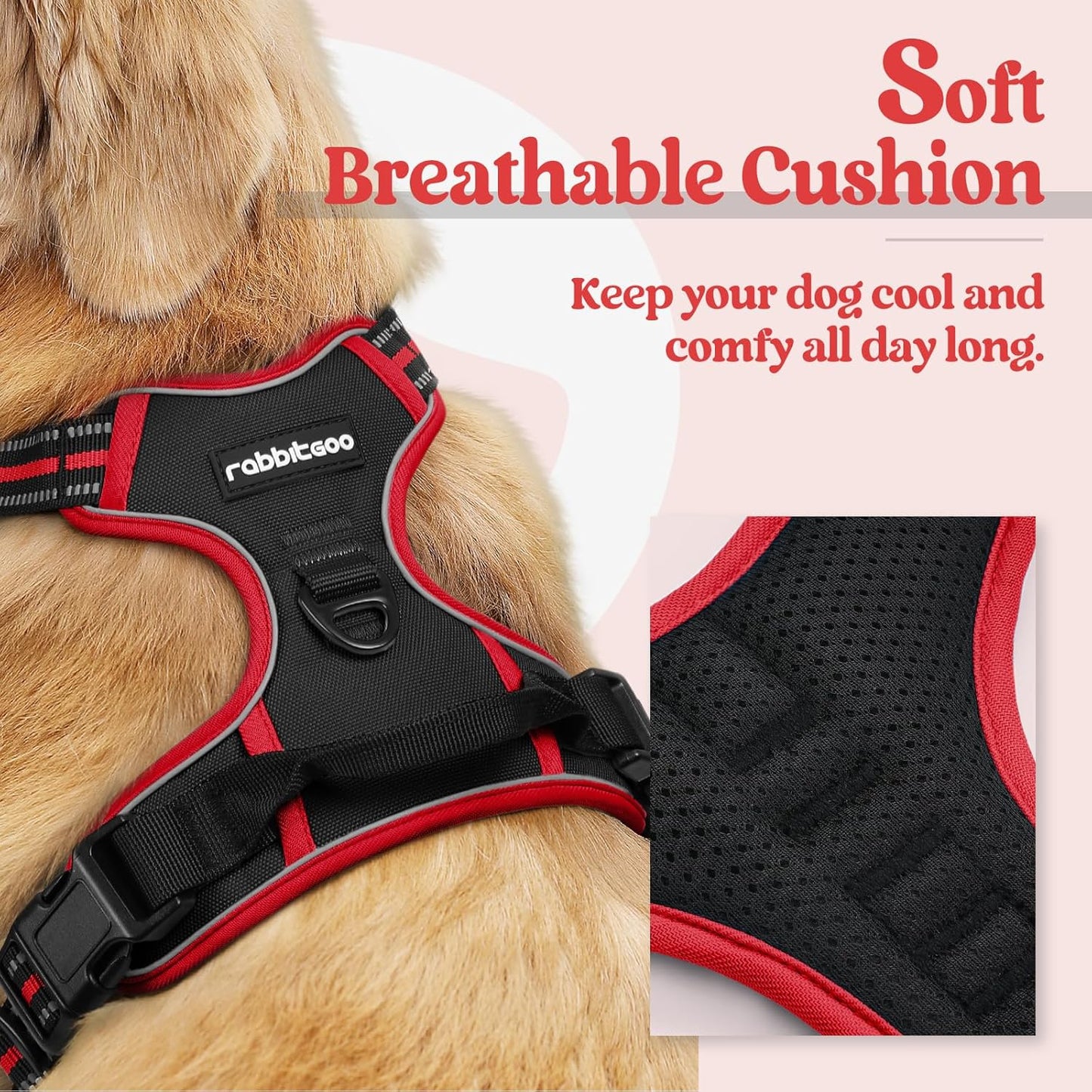 rabbitgoo Dog Harness No Pull with 2 Leash Clips, Adjustable Soft Padded, Reflective Oxford No Choke Pet Vest with Easy Control Handle for Large Dogs, Black & Red, L