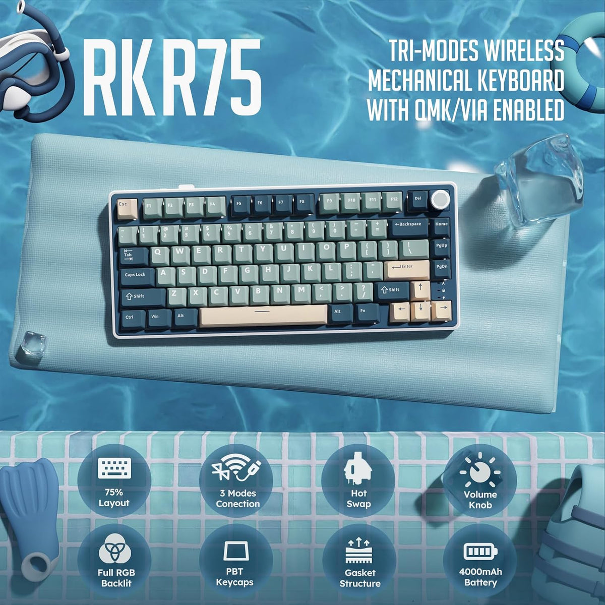 RK ROYAL KLUDGE R75 Wireless Mechanical Keyboard, 75% Percent Custom Gaming Keyboard Gasket Mount RGB Backlit with Knob & PBT Keycaps, BT5.1/2.4GHz/USB-C, Hot Swappable Cream Switch