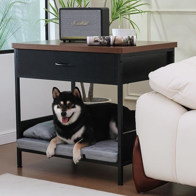 Multi-Functional Dog Bed End Table with Storage Drawer, Open Design Pet Bed with Removable Washable Cushion, Comfortable Resting Spot for Small & Medium Dogs, Indoor Use