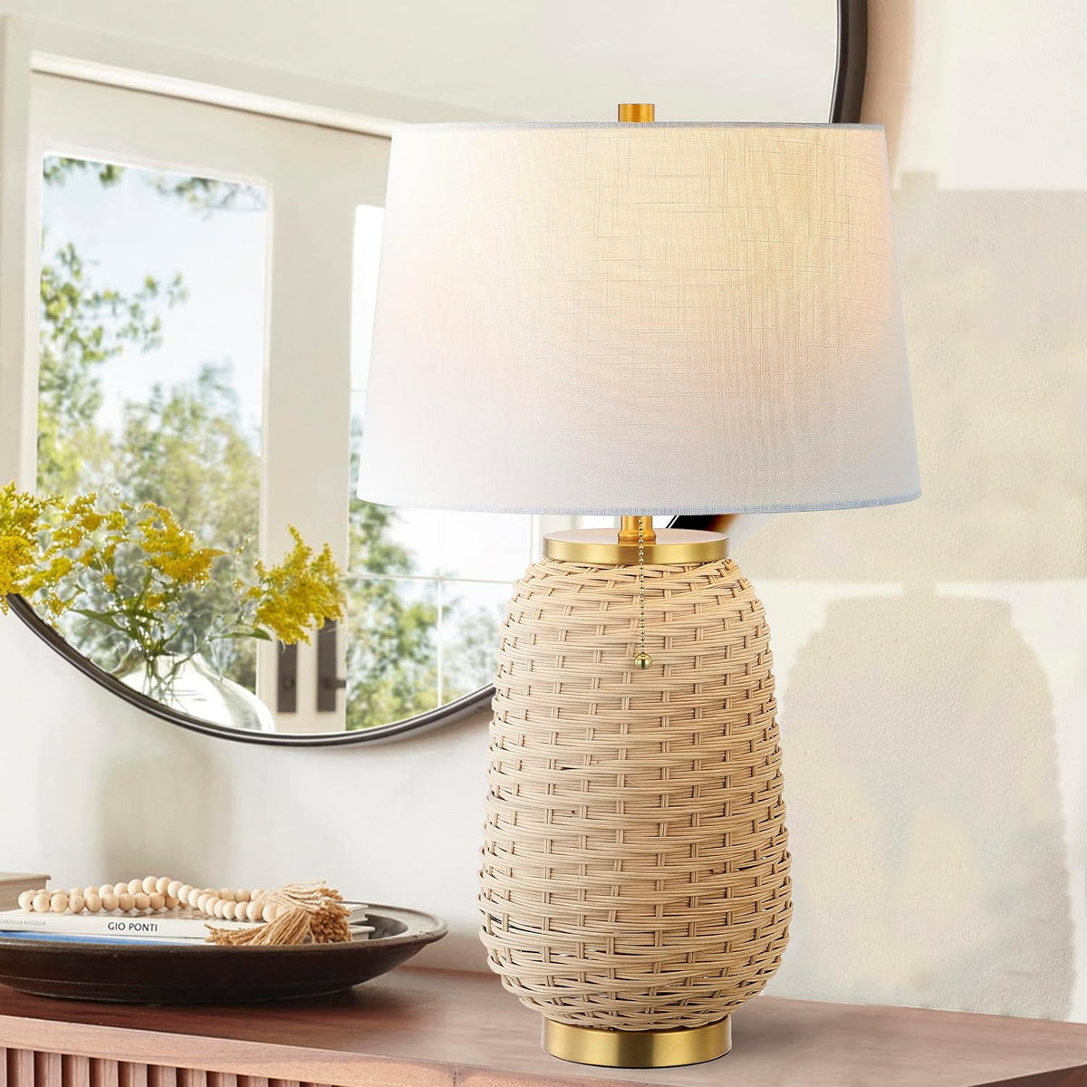 JONATHAN Y Chakrii Table Lamp 25" Pull Chain, Brass Gold/Light Brown