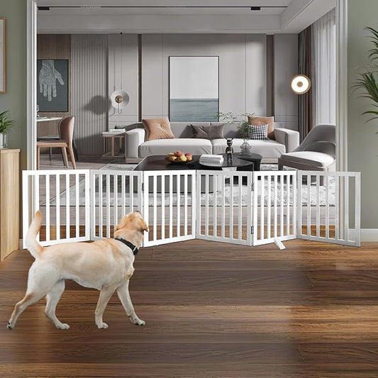 ZJSF Freestanding Indoor Dog Gate for House Foldable Wood White Puppy Gate for Doorways Pet Gate for Stairs Extra Wide Pet Fence 24" Height 6 Panels