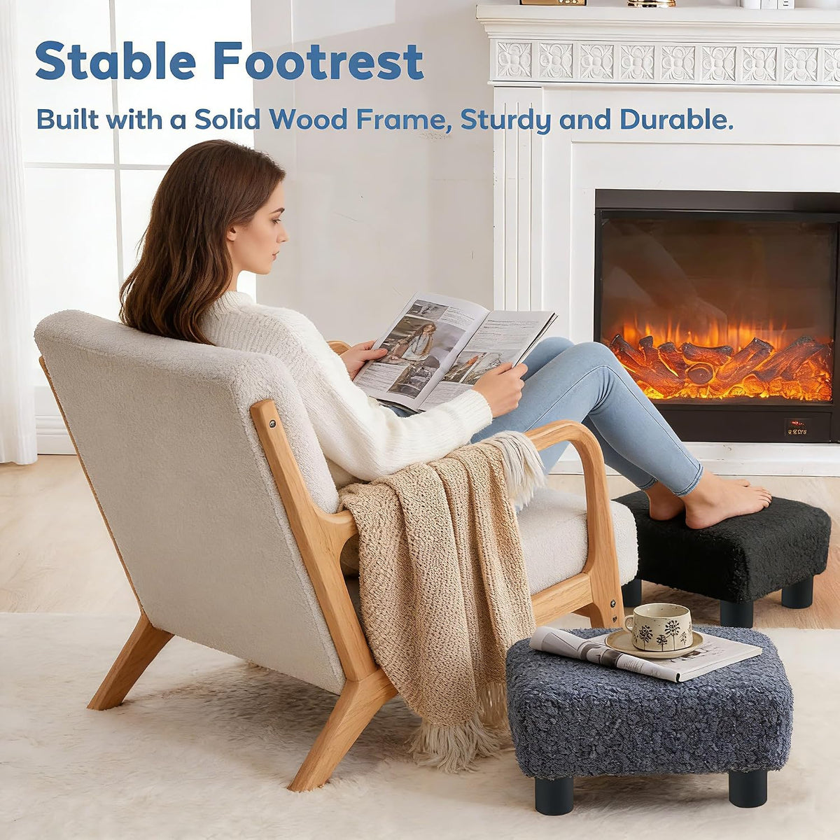 BRIAN & DANY Small Foot Stool Ottoman, Footstool with Legs, Sherpa Foot Rest for Couch, Foot Stools Small for Living Room, Bedroom and Office, Coal Black