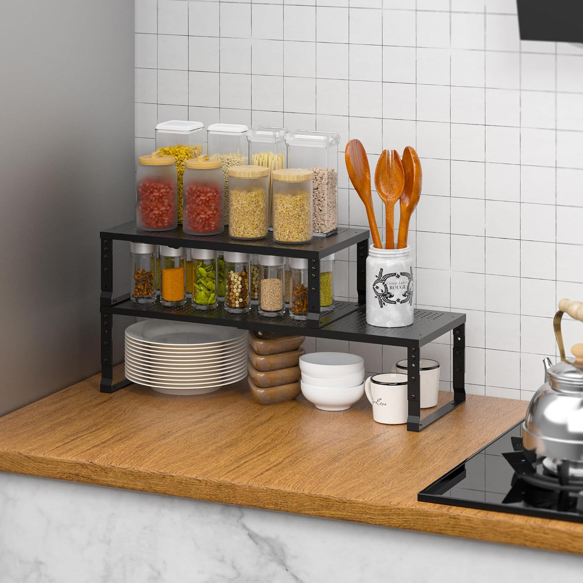 Metal Stackable Expandable Storage Rack, Thickened Steel Adjustable Countertop Space Saving, Heavy-Duty Pantry Storage, Suitable for Kitchens, Cabinet, Sink, Bathrooms, Workshops or Offices