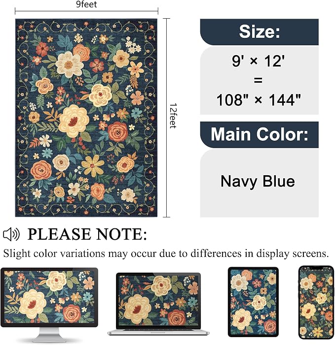 DUKINO 9x12 Area Rug, Floral Rugs