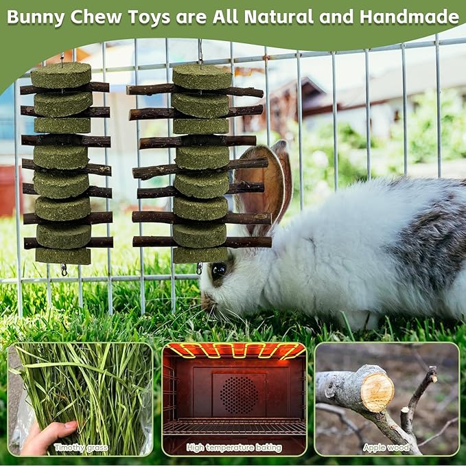 kathson 6 PCS Bunny Chew Toys for Teeth Grinding, Chinchilla Treats Organic Bamboo Sticks Natural Fruitwood Branches for Rabbits Guinea Pigs Hamsters (Fruitwood Sticks+Alfalfa Cakes)